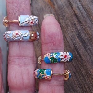 HOLIDAY SALE! Painted enamel,  gold plated, hoop style,earrings! Set of 2.